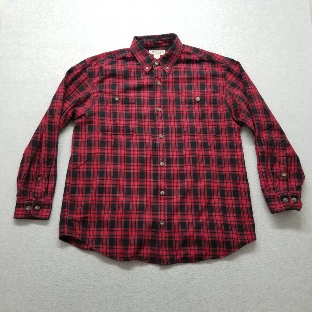 Duluth Trading Flannel Shirt Mens Large Red Plaid Button Up Long Sleeve Pockets